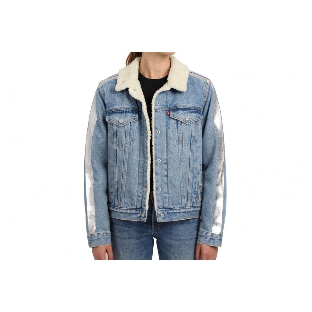 Levi's Original Sherpa Trucker Jacket Womens L Light Wash Denim Silver Foil